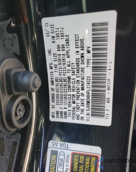 2015 Honda Cr-V Touring из США, поврежденный, VIN 5J6RM3H94FL018020